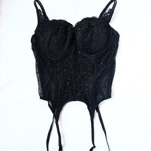 Victoria`s Secret Black Garter Corset 36D Mesh Lingerie Vintage 2001